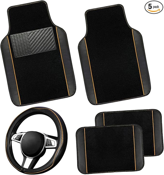 NBTEPEM Microfiber Steering Wheel Cover and Waterproof Car Floor Mats, Universal Fit Most Truck, SUV, Cars, 14.5-15inch Sporty Steering Wheel Covers with Anti-Slip Lining (Black with Beige line)