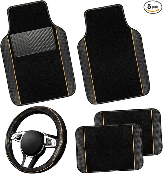 NBTEPEM Microfiber Steering Wheel Cover and Waterproof Car Floor Mats, Universal Fit Most Truck, SUV, Cars, 14.5-15inch Sporty Steering Wheel Covers with Anti-Slip Lining (Black with Beige line)