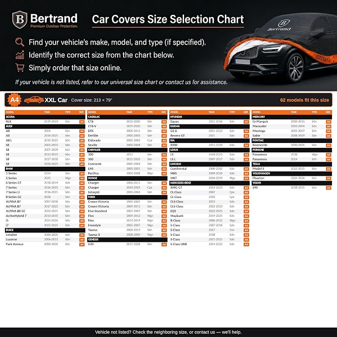 BERTRAND Heavy Duty Sedan Car Cover Waterproof All Weather - Snow, Rain & UV Outdoor Protection | Cotton-Lined, Up to 8-Point Anchoring + Door Zipper | XXL Sedans, Black-Orange (213x79, A4)