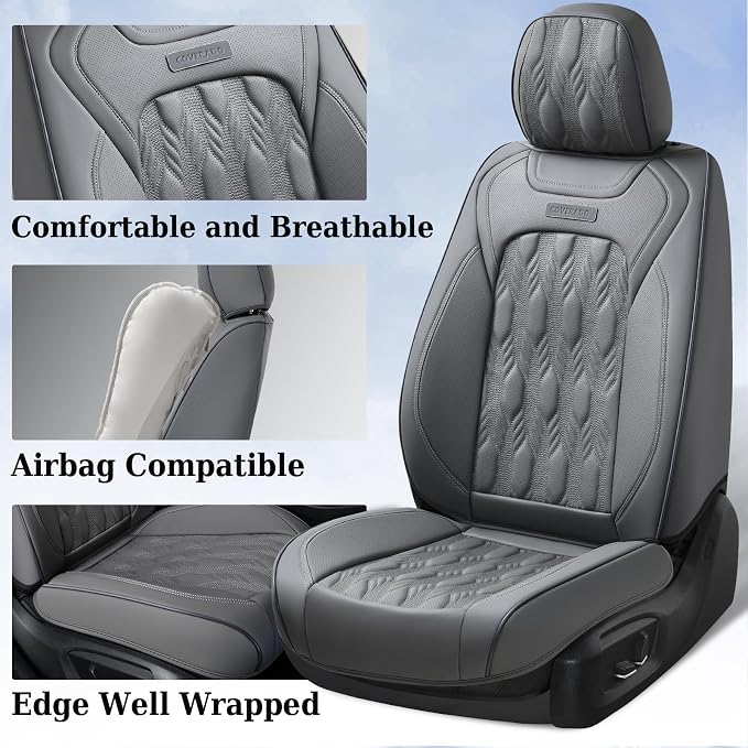Coverado Car Seat Cover Full Set, Waterproof Front and Back Seat Covers for Cars, 5-Pack Leather Seat Covers, Car Seat Protectors, Driver Seat Cushions Fit for Most Vehicles Gray