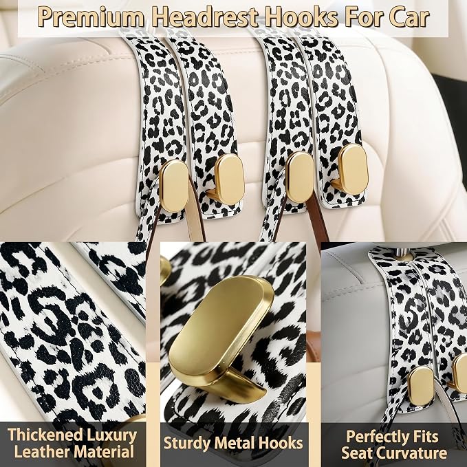 Car Hooks for Headrest: 2Pcs Car Headrest Hook with Leopard Leather | With Double Metal Hooks - Purse Hook For Car - Car Headrest Hooks - Car Bag Hooks for Purses, Handbags, Bags - White Leopard