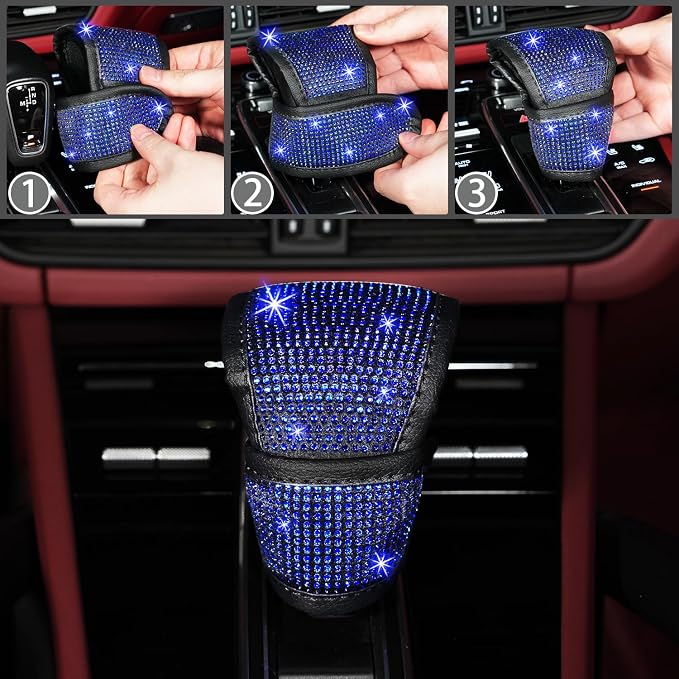 NBTEPEM 8 pcs Blue Bling Car Accessories Set for Women, Steering Wheel Cover, Sparkly Seat Belt Covers, Bling Gear Shift Cover, Universal Fit Most Cars (Blue Diamond)