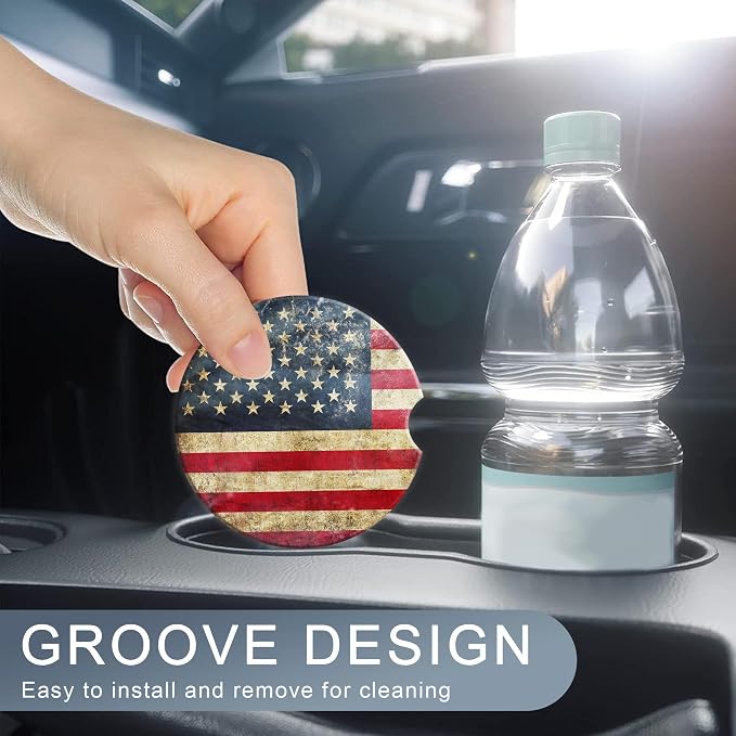 American Flag Car Coasters for Women 2 Pack,Retro Absorbent Car Coasters for Cup Holders Insert Ceramic Anti Slip with Finger Notch & Cork Base Auto Accessories Gifts