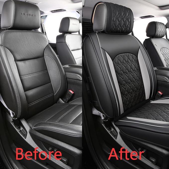 JOJOBAY Chevy Silverado Seat Covers,Leather Seat Covers for GMC Sierra,Custom Fit 2007-2026 1500 2500HD 3500HD Crew Double Extended Regular Cab,LT LZT RST Trail Boss(Front Pair,Black Grey)
