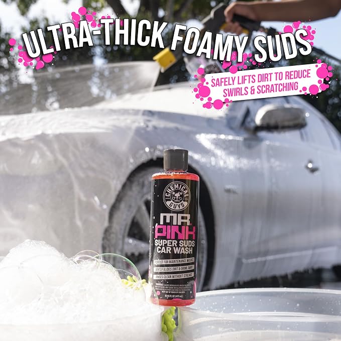 Chemical Guys Mr. Pink Super Suds Car Wash Soap Plus Chenille Premium Microfiber Wash Mitt Bundle Kit, High Foaming Pink Shampoo And Scratch Free Wash Mitt For Cars Trucks SUVs Daily Drivers, 64 Fl Oz