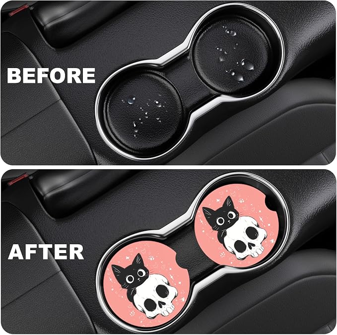 2 Pack Car Cup Holder Coaster, 2.63 inch Anti Slip Insert Absorbent Ceramic Car Coaster with Cork Base and Finger Notch, Cute Car Accessories Interior for Women, Cute Car Coasters.