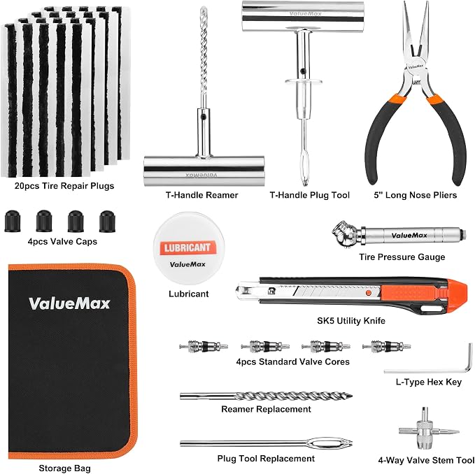 ValueMax Tire Repair Kit, 38PCS Universal Heavy Duty Car Tool Kit for Fix Punctures, Tire Plug Tools for Cars, Motorcycles, ATV, SUV, RV, Tractors, Trucks, etc.