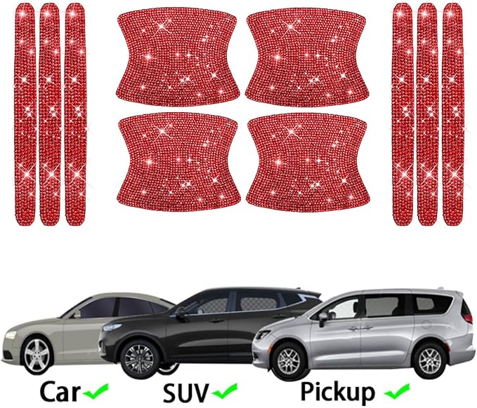 BetterJonny 10PCS Crystal Scratches Protector, Rhinestone Handle Stickers Bling Protection for Women's Car Stickers (Red)