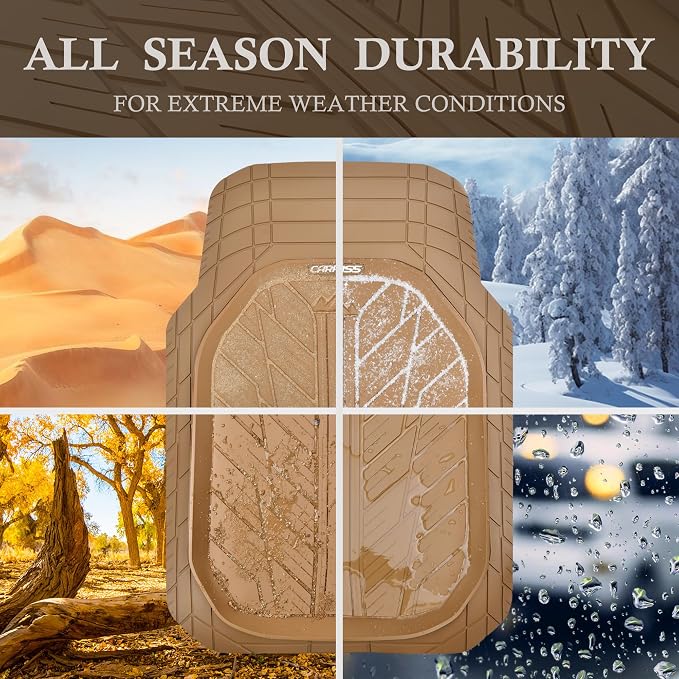 CAR PASS Tire Tread DeepDish Rubber Floor Mats for car Heavy Duty car mats All Weather, Universal XL~M Trim to Fit for Truck SUV Vehicle Automotive, Waterproof car mats 3 piece Solid Beige
