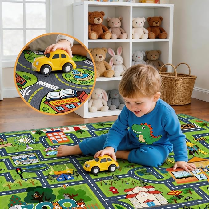 Kids Car Rug Play Mat 4.5x6 Feet City Life Road Traffic Track Carpet for Boys Bedroom Playroom Non Slip Floor Area Rugs for Toy Cars Toddlers Educational Learning Game Mat