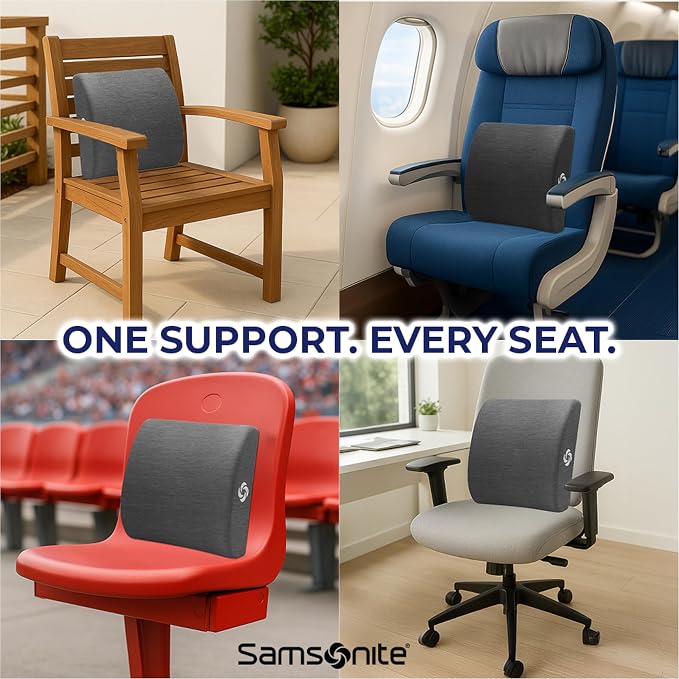 Samsonite Ergonomic Lumbar Support Pillow for Office Chair and Car Seat - Memory Foam Back Support Lumbar Pillow Premium Cushion Chair Support for Lower Back Pain Relief and Versatile Use (Slate Grey)