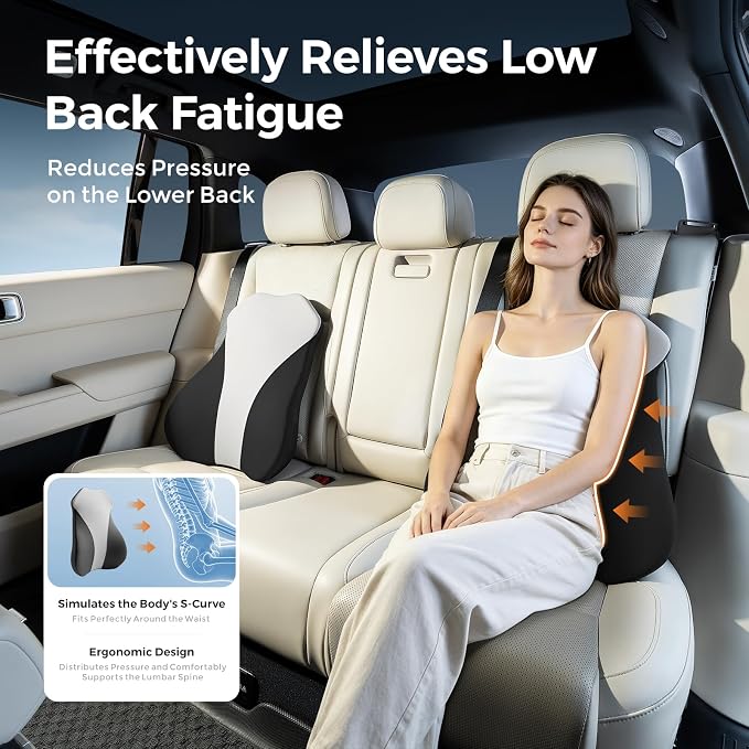 BABUR Lumbar Support Pillow for Car, Back Cushion Support for Driving Seat | Ergonomic 100% Memory Foam, Back Pain Relief, Comfort Lower Back Support for Office Chairs, Car Seat, Wheelchair