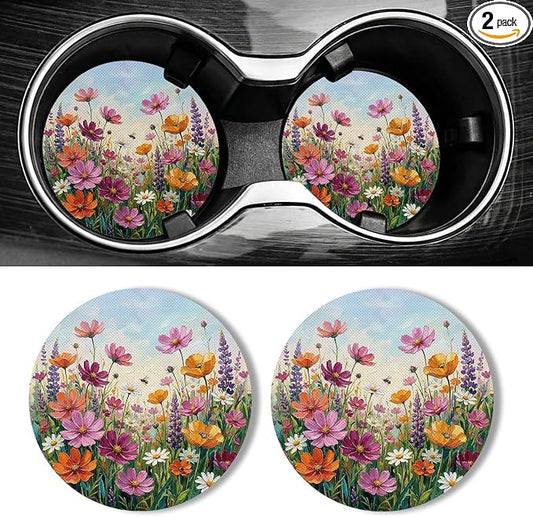 WOCOCN Car Coasters for Cup Holders - 2 Pack 2.75" Universal Rubber Car Cup Coaster, Non-Slip Waterproof Car Interior Accessories, Cute Car Decor Gifts for Women and Men (Oil Painting Flowers)