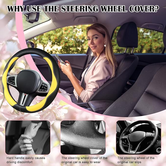 SuperKaKa Car Steering Wheel Cover 2025, Universal Auto PU Cute Breathable Slip-Proof Comfort Imitation Leather Protector Cars Interior Accessories for Women Men Fit Most Vehicle (Yellow)