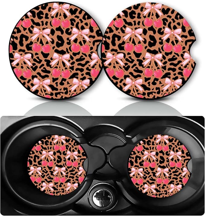 2 Pack Cheetah Cherry Car Cup Holder Coasters Neoprene Anti Slip Rubber Mat | Leopard Cherry Car Accessories Decor 2.75" Universal Size Insert Auto Coasters Cherrys Gifts for Women Men