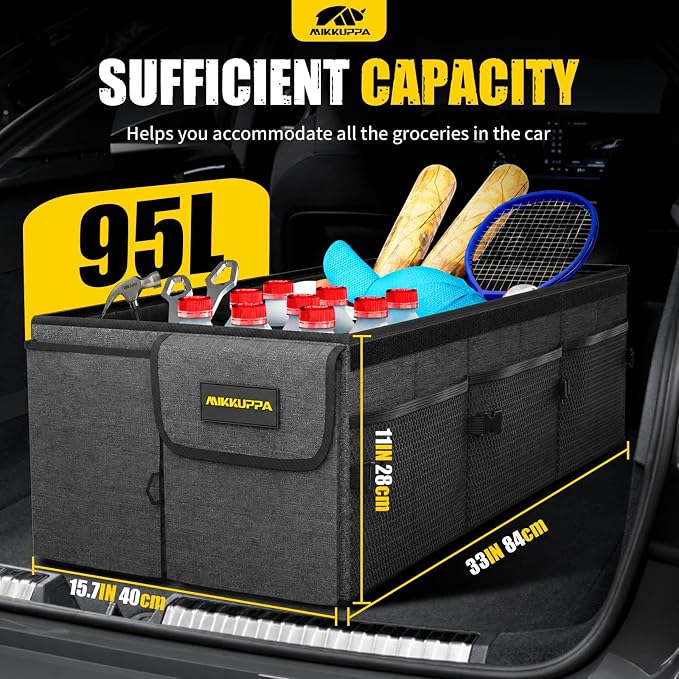 MIKKUPPA Car Trunk Organizer - 95L Collapsible Trunk Organizer with Lid, Sturdy Car Storage for SUV Auto Truck Van with Adjustable Straps and Non Slip Bottom (Gray, XX-Large)