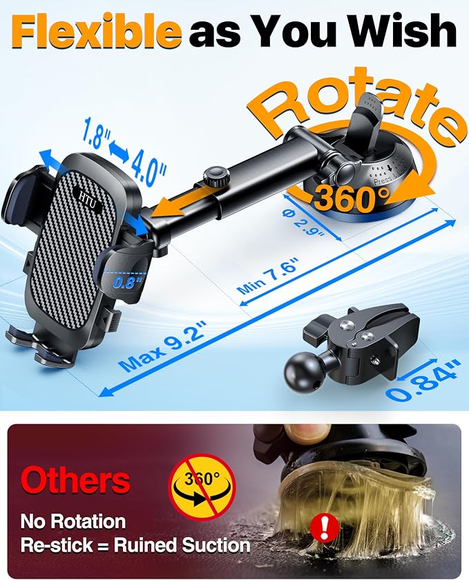 HTU 2026 Ultimate Best【True Military-Grade & Safety Cert】 Car Phone Holder | 【Upgraded 360 Rotation & 100LBS Strongest Suction】5-in-1 Truck Windshield Dashboard Vent Mount Stand for iPhone Android,Black