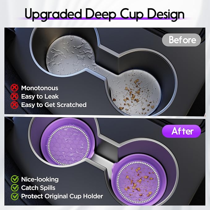 Amooca Car Cup Coaster Universal Non-Slip Cup Holders Bling Crystal Rhinestone Car Interior Accessories 4 Pack Purple