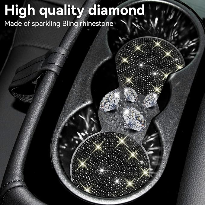 SINGARO Bling Cup Holder Coasters for Car, 2PCS Universal Non-Slip Cup Holder, Embedded Decorative Coasters, Shiny Crystal Car Interior Accessories Gifts for Women (Black)