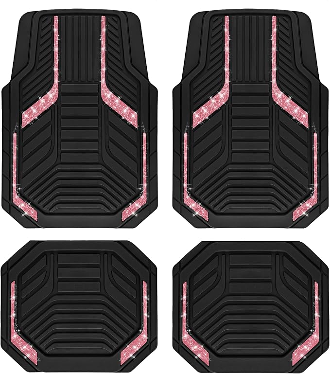 PIC AUTO Car Floor Mats, Hot Pink Sparkly Crystal Bling Glitter Car Mats Set, Front and Rear Heavy Duty Rubber Car Mats with Anti-Slip Backing, All Weather, Trim-to-Fit for SUVs, Trucks, Sedan, Vans