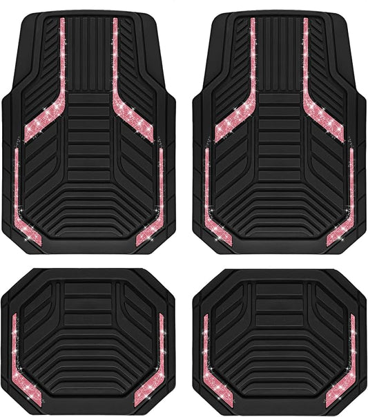 PIC AUTO Car Floor Mats, Hot Pink Sparkly Crystal Bling Glitter Car Mats Set, Front and Rear Heavy Duty Rubber Car Mats with Anti-Slip Backing, All Weather, Trim-to-Fit for SUVs, Trucks, Sedan, Vans