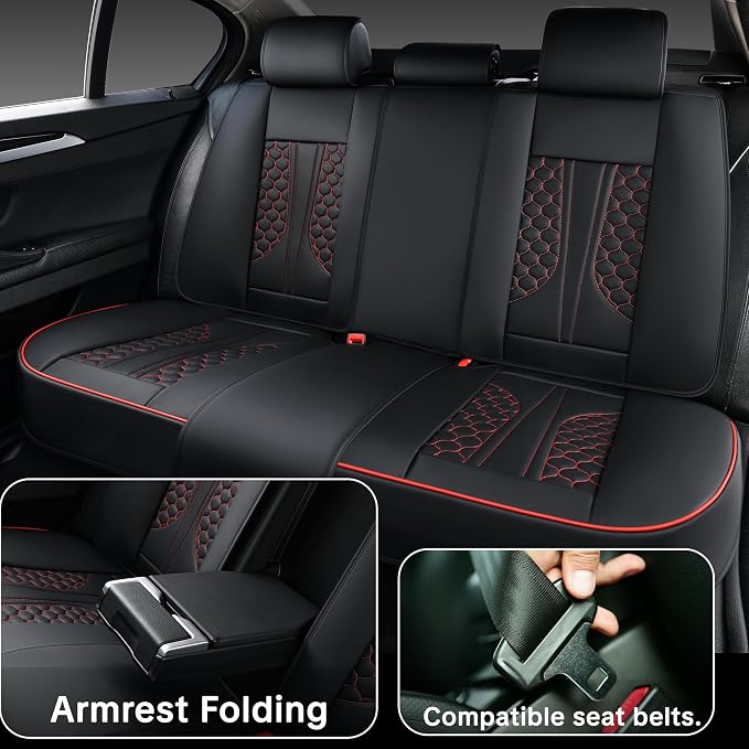 Black and Red Leather Car Seat Cover Set, with Lumbar Support | OEM-Inspired Interior Upgrade
