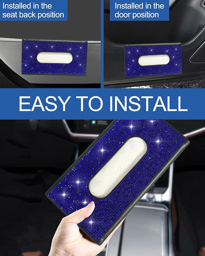 Bling Car Sun Visor Tissue Box Holder,PU Leather with Bling Crystal Rhinestones Tissue Holder,Car Accessories for Women (Blue)