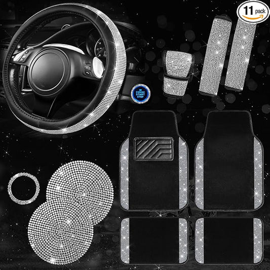 CAR PASS 11 PCS Bling Diamond Car Mats Set for Women Girls, Sparkly Rhinestone Steering Wheel Cover, Waterproof Floor Mats Universal Fit for SUV,Vans,Sedans,Trucks Anti-Slip, Interior Sets Silver