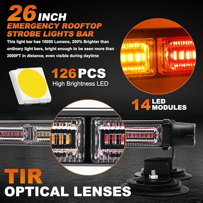 ASPL 26inch 126 LED Rooftop Emergency Strobe Lights Bar Double Side Flashing Safety Warning Traffic Advisor Light Bar Hazard Snow Plow Light for Work Trucks Vehicles Construction Tow Pickup(Amber/Red)