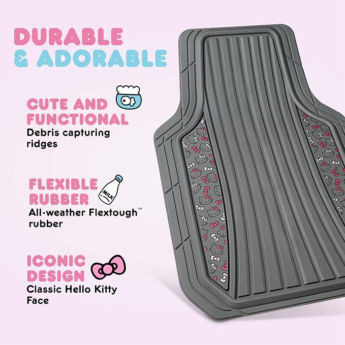 Hello Kitty Car Mats 4pc Floor Mats for Cars Trucks SUVs Grey Car Floor Mats for Women Men Accessories Rubber Heavy Duty Cute Non-Slip Always Front Rear Hello Kitty Cars Accessories Gray/Pink