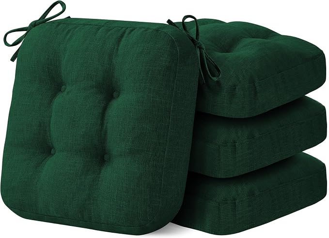 IASEAHK Chair Cushions for Dining Chairs, Dining Chair Cushions, Tufted Indoor Chair Pads with Ties & Non Slip Backing, Seat Cushions for Kitchen Chairs 16.5” x 16.5” x 3.5”, Set of 4, Green