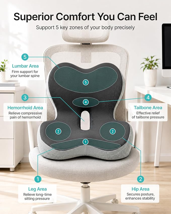 PEGZONE Seat Cushion with Lumbar Support, Memory Foam Cushion for Chair | Ergonomic Lumbar Support Pillow，Chair Cushion for Office , Car, – Orthopedic Pain Relief Cushion,For Back, Tailbone, Gray
