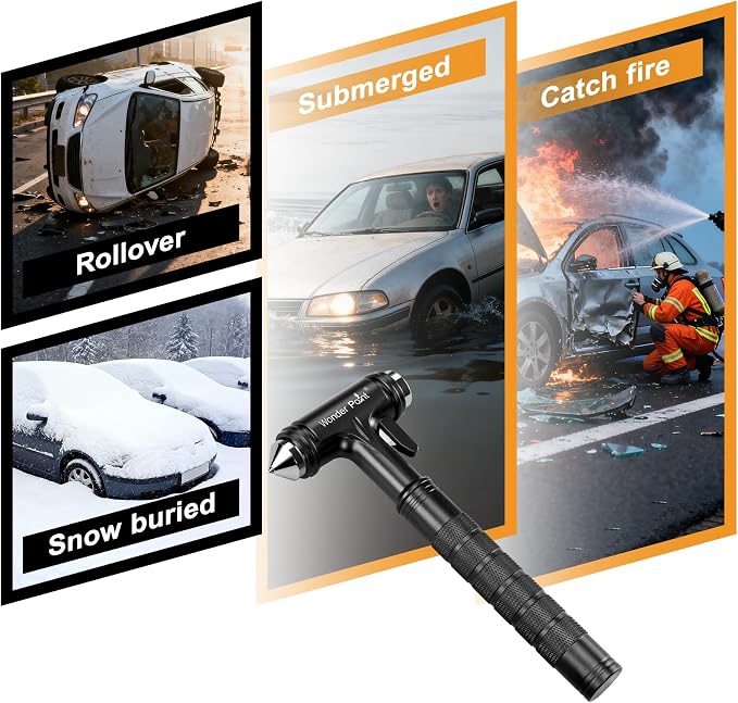 Car Window Breaker, Automotive Safety Hammer with Seatbelt Cutter, 3-in-1 Emergecy Escape Tool Car Metal Window Breaker Seatbelt Cutter, Aluminium Alloy Glass Breaker Hammer(Black 2Pack)