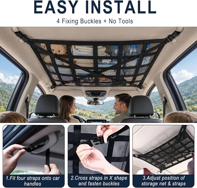 Car Ceiling Cargo Net, 31.5"x20.9" Double-Layer Overhead Roof Storage Organizer for SUV Truck Van, Camping Storage Mesh Net for Travel Road Trips, Van Life Essentials