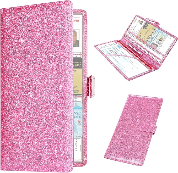 RSAquar Car Registration & Insurance Holder - Leather Glove Box Organizer, Cool Accessories for ID, Driver's License Cards & Docs, Men & Women, Pink Glitter