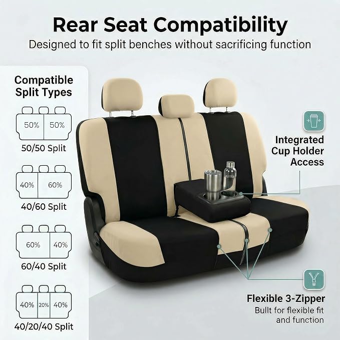 FH Group Automotive Seat Covers Light & Breezy Flat Cloth Seat Cover Three Row Set Beige, Airbag and Split Rear Car Seat Cover Universal Fit Interior Accessories Cars Trucks SUV Car Accessories