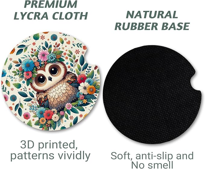 Yonlevres Car Coasters for Cup Holders，2.75" Universal Size Anti Slip Rubber Mat with A Finger Notch, 2 Pack Cup Holder Coasters for Car Interior Accessories for Women Men Flower Owl
