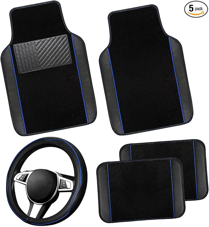 NBTEPEM Microfiber Steering Wheel Cover and Waterproof Car Floor Mats, Universal Fit Most Truck, SUV, Cars, 14.5-15inch Sporty Steering Wheel Covers with Anti-Slip Lining (Black with Blue line)