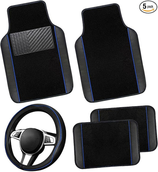NBTEPEM Microfiber Steering Wheel Cover and Waterproof Car Floor Mats, Universal Fit Most Truck, SUV, Cars, 14.5-15inch Sporty Steering Wheel Covers with Anti-Slip Lining (Black with Blue line)