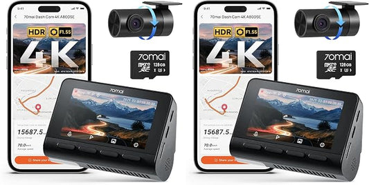 70mai 4K Dash Cam Front and Rear, Built in Wi-Fi 6 & GPS Car Camera, Super Night Vision, ADAS, 3'' IPS Screen, 24H Parking Mode, Time-Lapse, Loop Recording, with 128GB Card (A800SE) (Pack of 2)