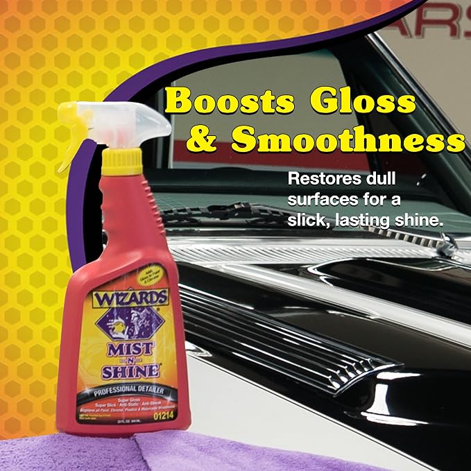 Wizards Mist-N-Shine Quick Detailer Spray - Waterless Wash - 22 oz | Anti-Static Formula for Paint, Chrome, Glass, Plastic, and Rubber Trim, Wax-Free, No Petroleum Solvents, Cars, Bikes, Boats