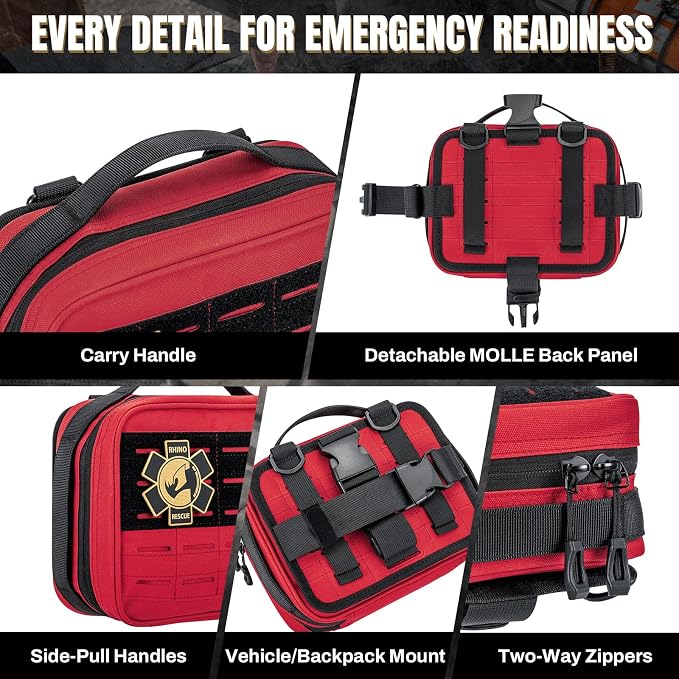 RHINO RESCUE Vehicle IFAK Trauma Kit with CAT Tourniquet Red | Car Headrest Pack, Molle System, TCCC Compliant, Trauma First Aid Kit, Vehicle/Backpack Mount, HSA/FSA Approved