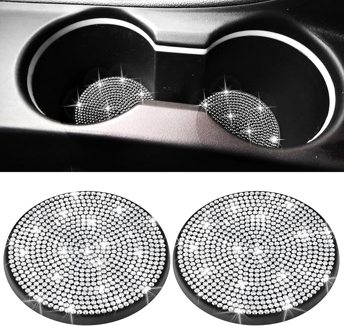 BFXM 2 PCS Bling Cup Holder Coaster, Car Accessories for Women 2.75 inch Diamond Universal Non-Slip Silicone Cup Holder Coasters, Sparkly Bling (White)