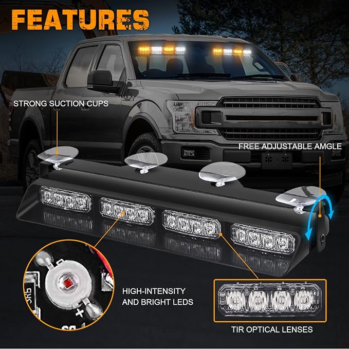 XRIDONSEN 2x 14 inch Dash Strobe Lights Amber White Emergency Lights | Interior Safety Warning Hazard Caution Lights Front/Rear Windshield Light Bar for Tow/Plow Trucks Construction Vehicles