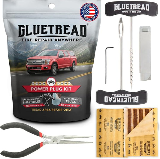 GlueTread On Road Heavy Duty Tire Plug Kit - Tire Repair Kit with Plugs - Made in USA CNC-Machined T-Handles, 10 Plugs, Pliers and Razor Blade - Flat Fix for Car, Truck and Motorcycle Tires