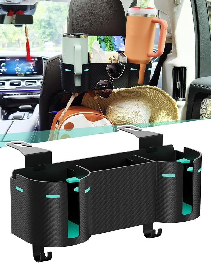 Car Headrest Backseat Cup Holder 3.7" with Organizer, High Capacity 4 in 1 Seat Back Organizer with Headrest Hooks, Multifunctional Storage for Car Travel Accessories Compatible with Most Vehicles