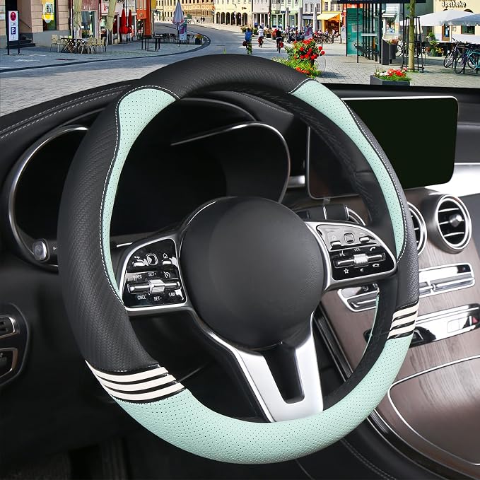15 inch Cute Leather Steering Wheel Cover Black and Green | Breathable Non-Slip Faux Leather and Carbon Fiber Car Accessories for Women Men Universal 14.5 inch to 15 inch