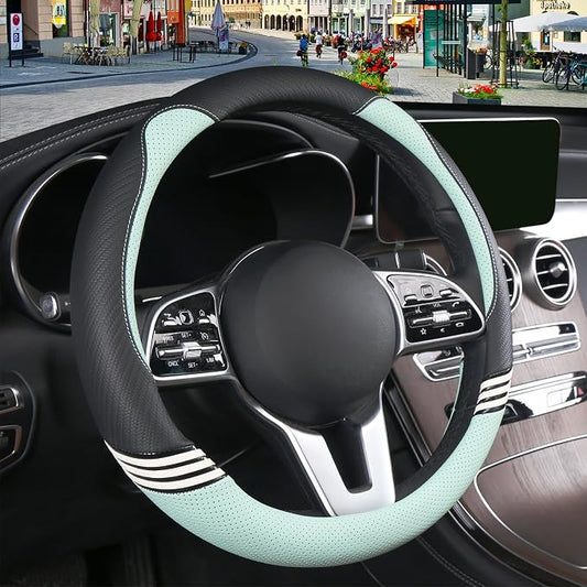 15 inch Cute Leather Steering Wheel Cover Black and Green | Breathable Non-Slip Faux Leather and Carbon Fiber Car Accessories for Women Men Universal 14.5 inch to 15 inch