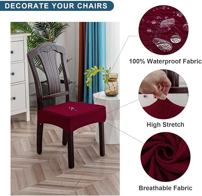 Genina Waterproof Seat Covers for Dining Room Chair Covers Waterproof Dining Chair Covers (6 PCS-Rear-gapped, Wine Red)