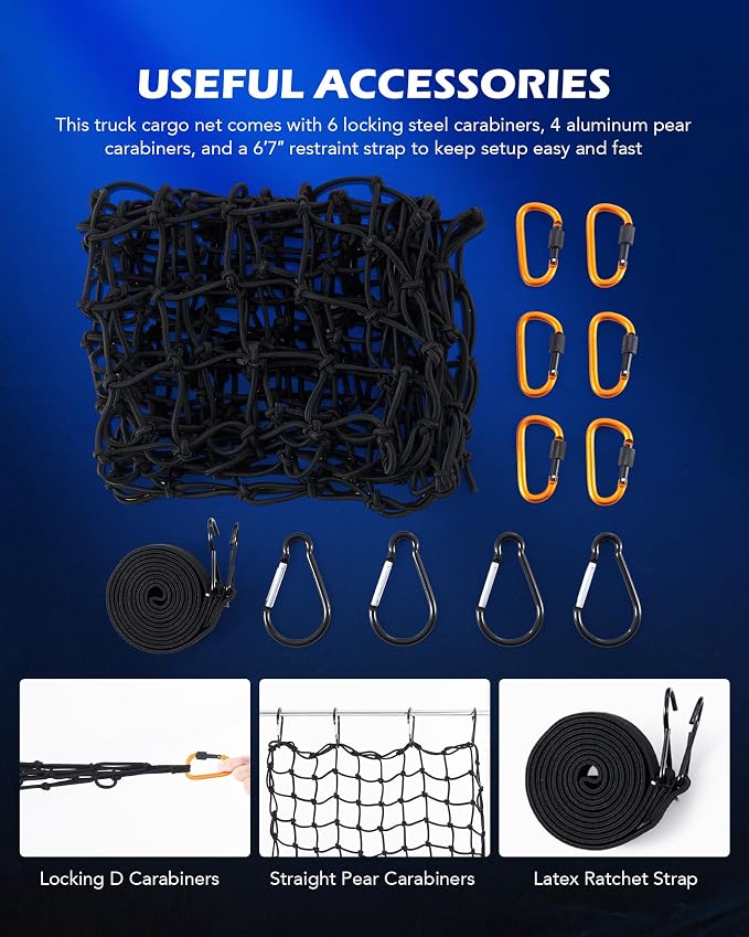 OMT 2x3ft Flat Webbing Cargo Net for Roof Rack & SUV Basket, 2x2in Mesh | 10 Aluminum Carabiners; Premium Polypropylene; Includes Ratchet Strap & Pouch; Anti-Tangling; Weather Resistant Construction